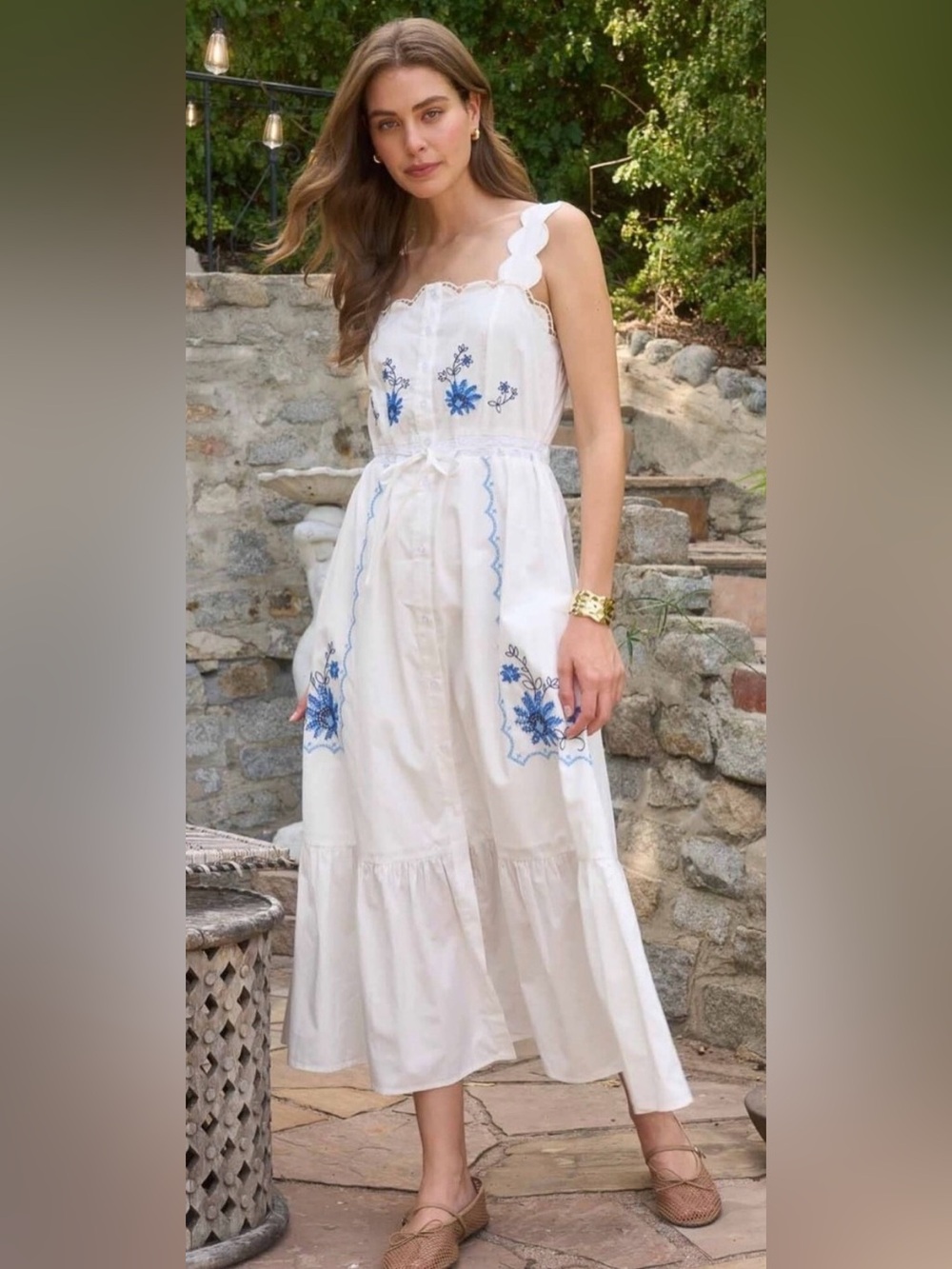 Moon River Cotton Scallop Strap Blue Floral Embroidery Button Midi Dress White S
